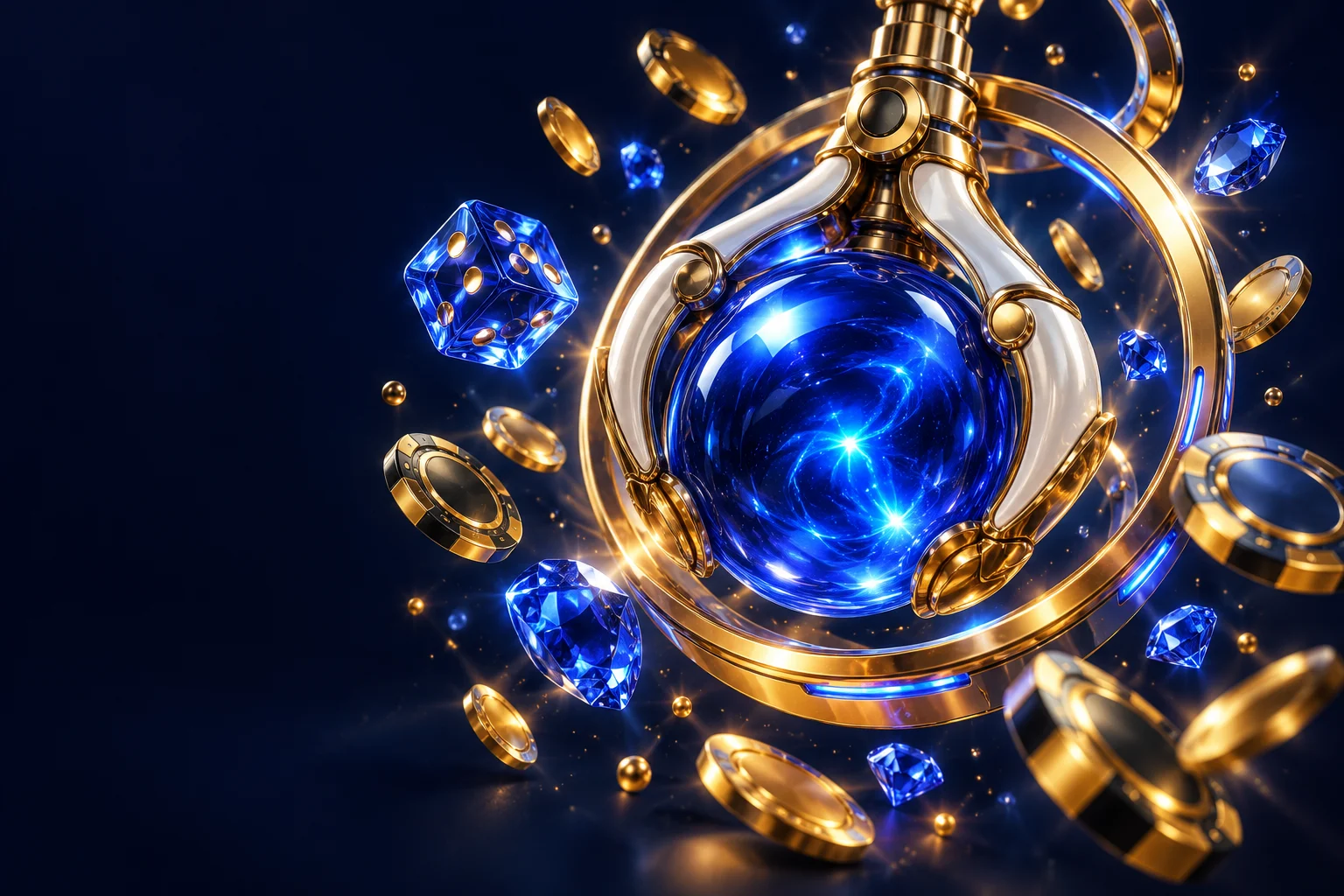 Blaue Kugel in einer goldenen Greifklaue, umgeben von Würfeln und Münzen